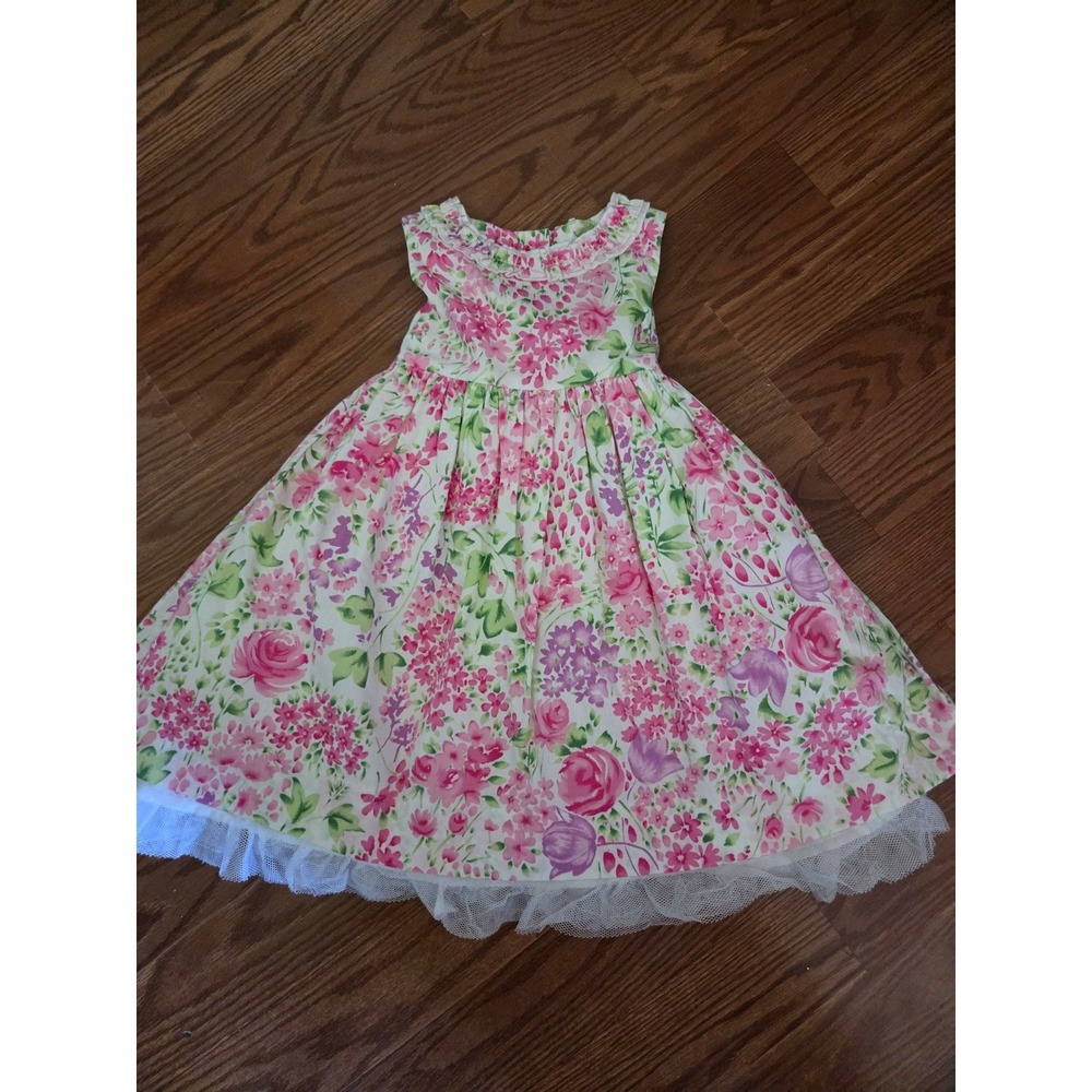 Polly Flinders Girls 3T Pink Floral Cotton Dress Tulle Crinoline Tea Party Sash